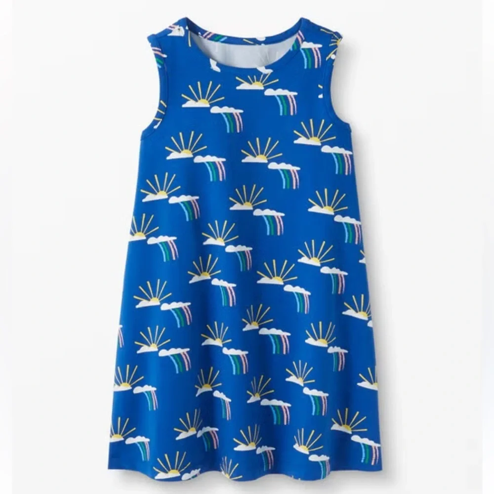 🌟HANNA ANDERSSON🌟 GIRLS SLEEVELESS SUN RAINBOW PRINT SWING KNIT DRESS BLUE 10